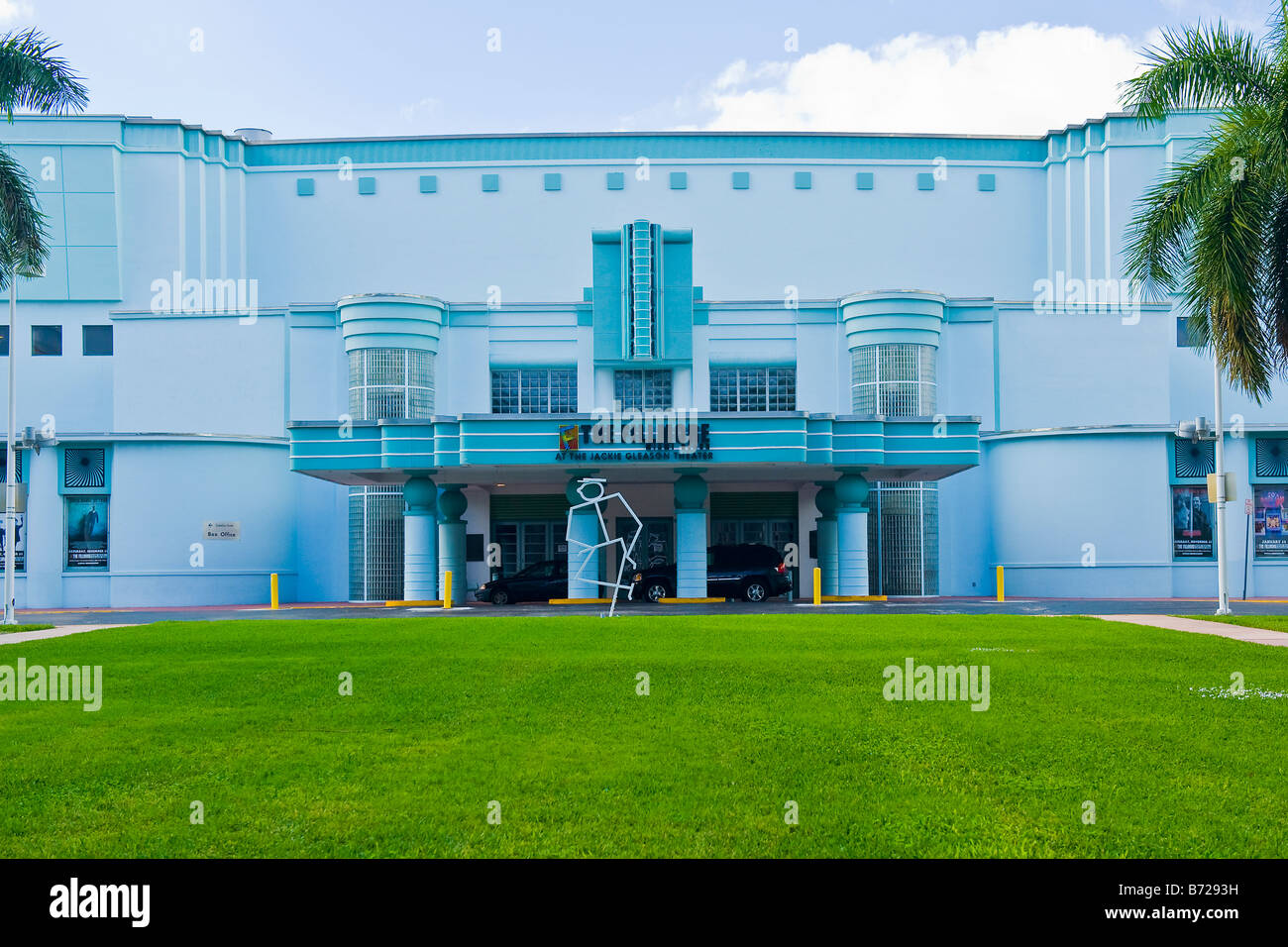 The Fillmore Miami Beach at the Jackie Gleason Theater stunning blue art deco building with modern sculpture grass lawn Stock Photo