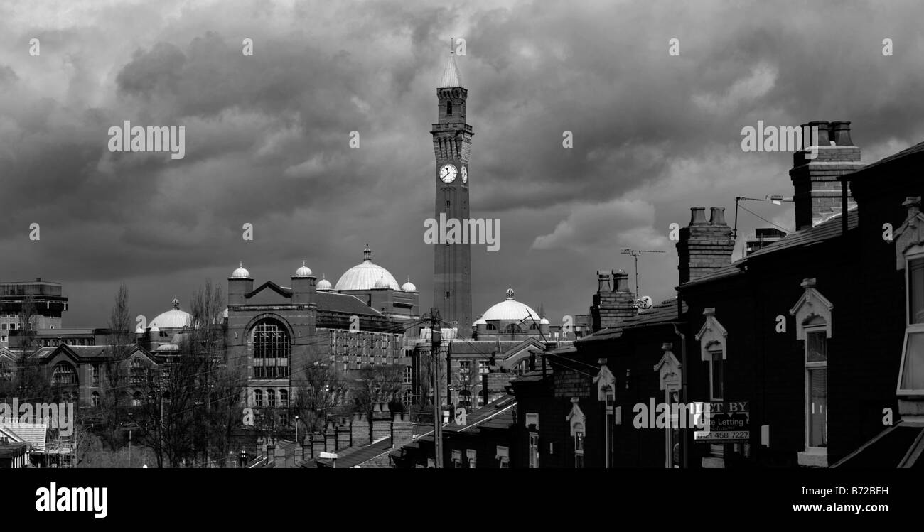 University of Birmingham showing Great Hall domes and clock tower under a thunderous sky from the student suburb of Bournbrook. Stock Photo
