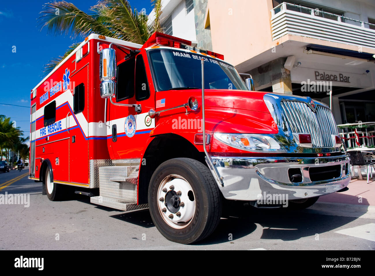 Miami South Beach , Ocean Drive , bright red Fire Department Rescue
