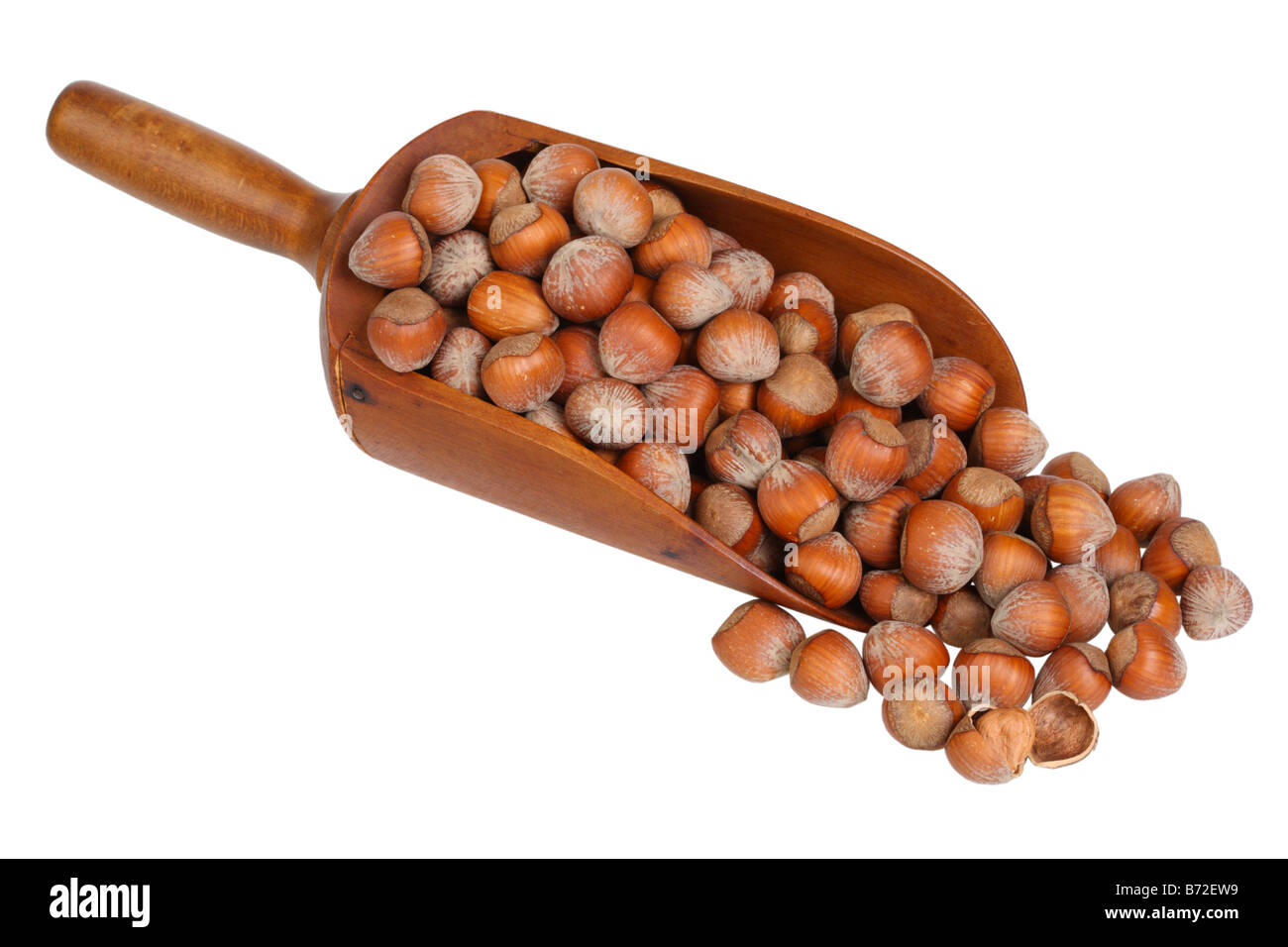 Wooden scoop of hazelnuts cut out on white background Stock Photo