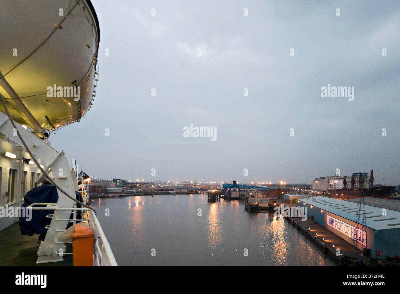 Hull Docks at dawn from the deck of a P&O North Sea Ferry, England, United Kingdom Stock Photo