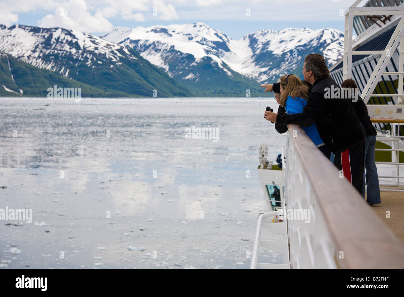 Cruise ship passengers spotting wildlife in Disenchantment Bay near Hubbard Glacier in Alaska Stock Photo