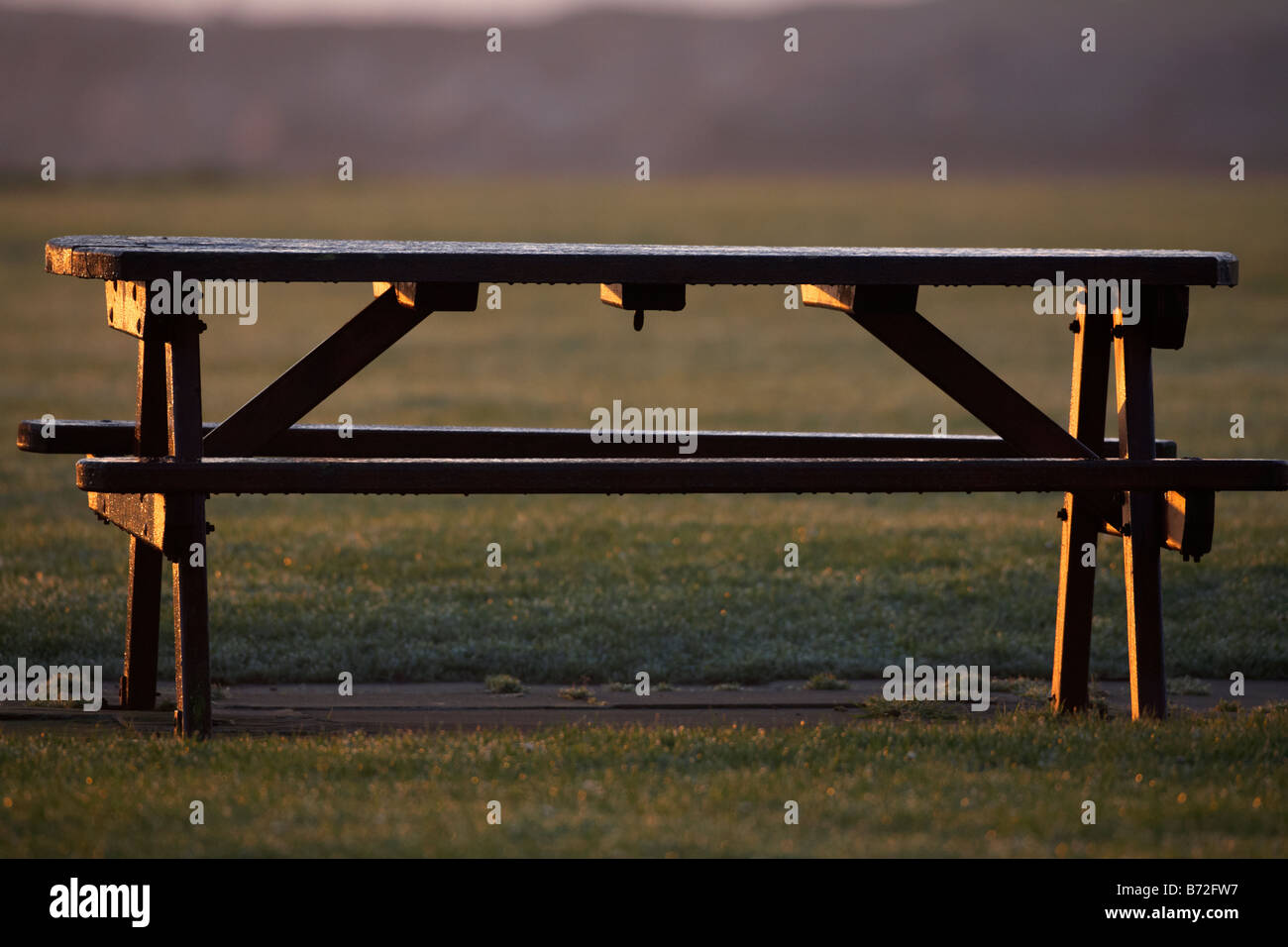 frozen wooden picnic table being thawed by morning sunshine county down