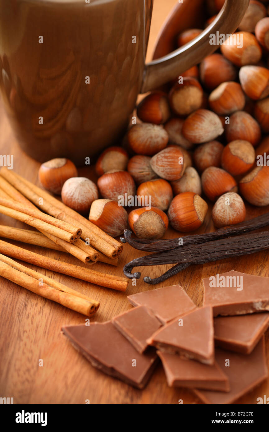 Coffee flavors hazelnut cinnamon vanilla and chocolate Stock Photo