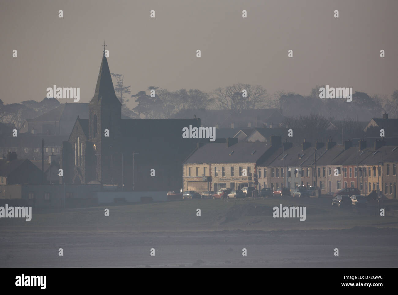 early morning view of Ballywalter in coastal fog county down Northern Ireland UK Stock Photo