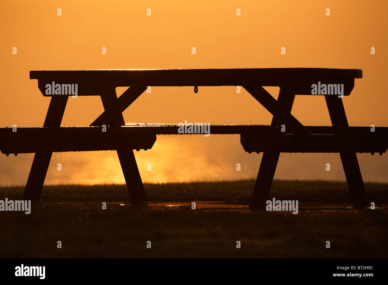 frozen wooden picnic table being thawed by morning sunshine county down