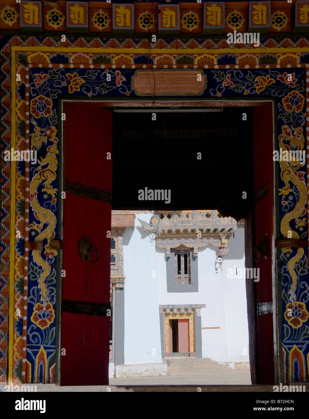 Doorway looking into Gangte Goemba Chorten Phobjikha Valley bhutan asia Stock Photo