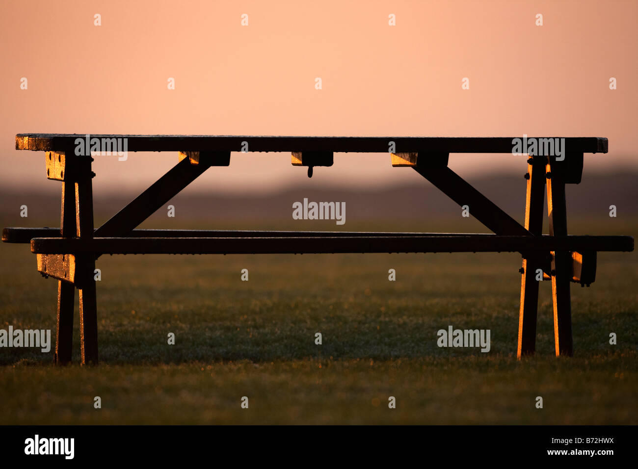 frozen wooden picnic table being thawed by morning sunshine county down