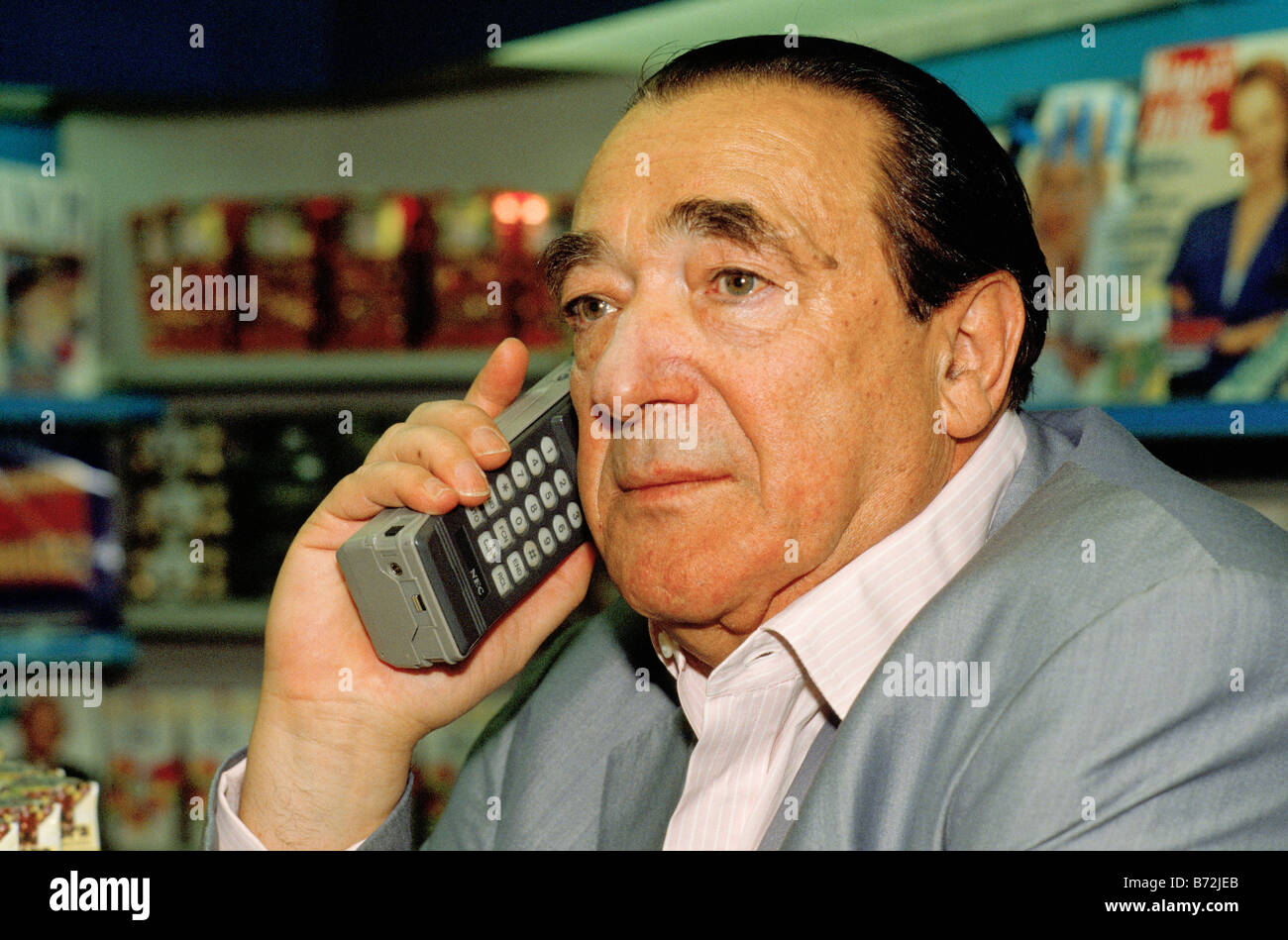 Robert Maxwell, Czechoslovakia born entrepreneur & publisher, owner of Mirror Group Newspapers - talking on mobile phone. Stock Photo