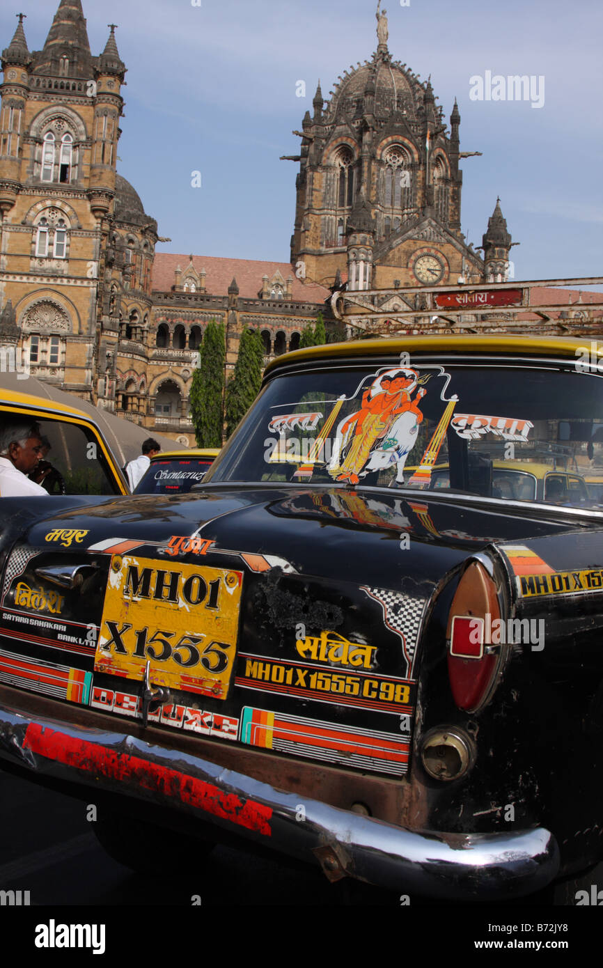 Indian Taxi, outside train station in Mumbai, India. Stock Photo