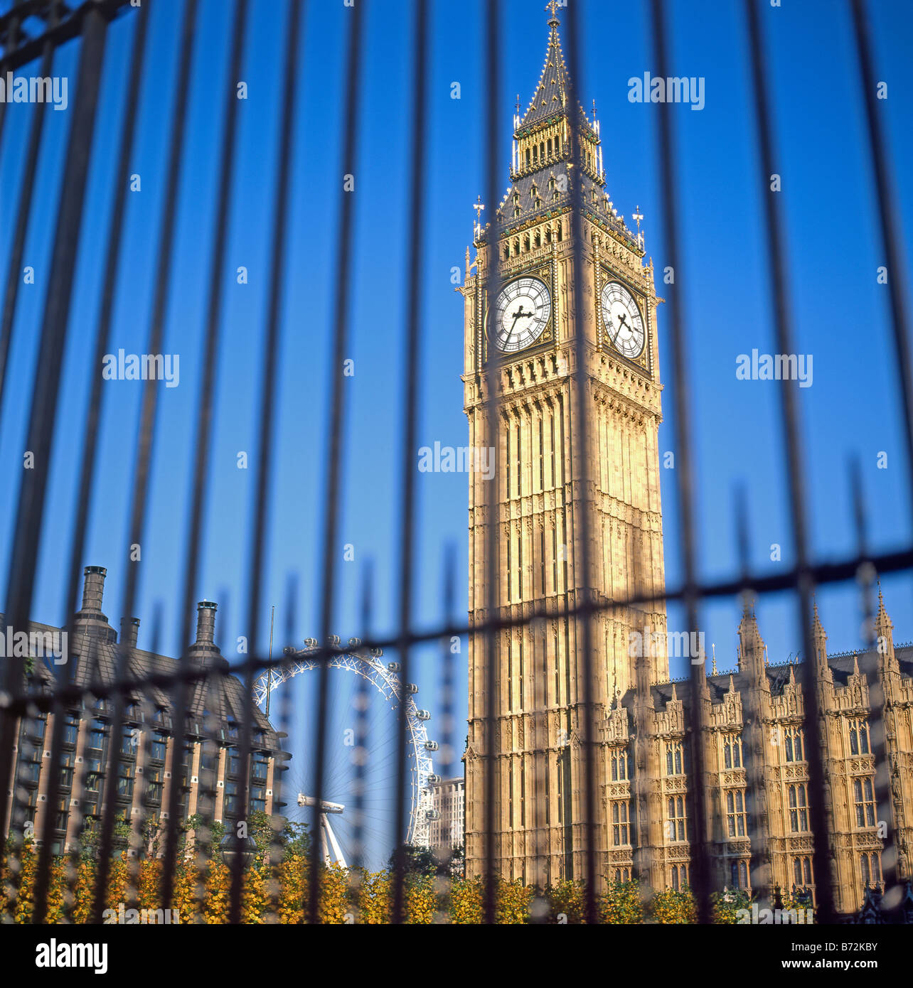 Westminster Railing The Houses of Parliament and Big Ben viewed behind a security railing ...
