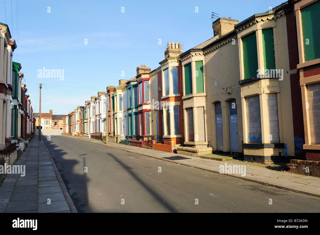Houses in Plimsol Street, Edgehill area of Liverpool ready for demolition after compulsory purchased. Stock Photo