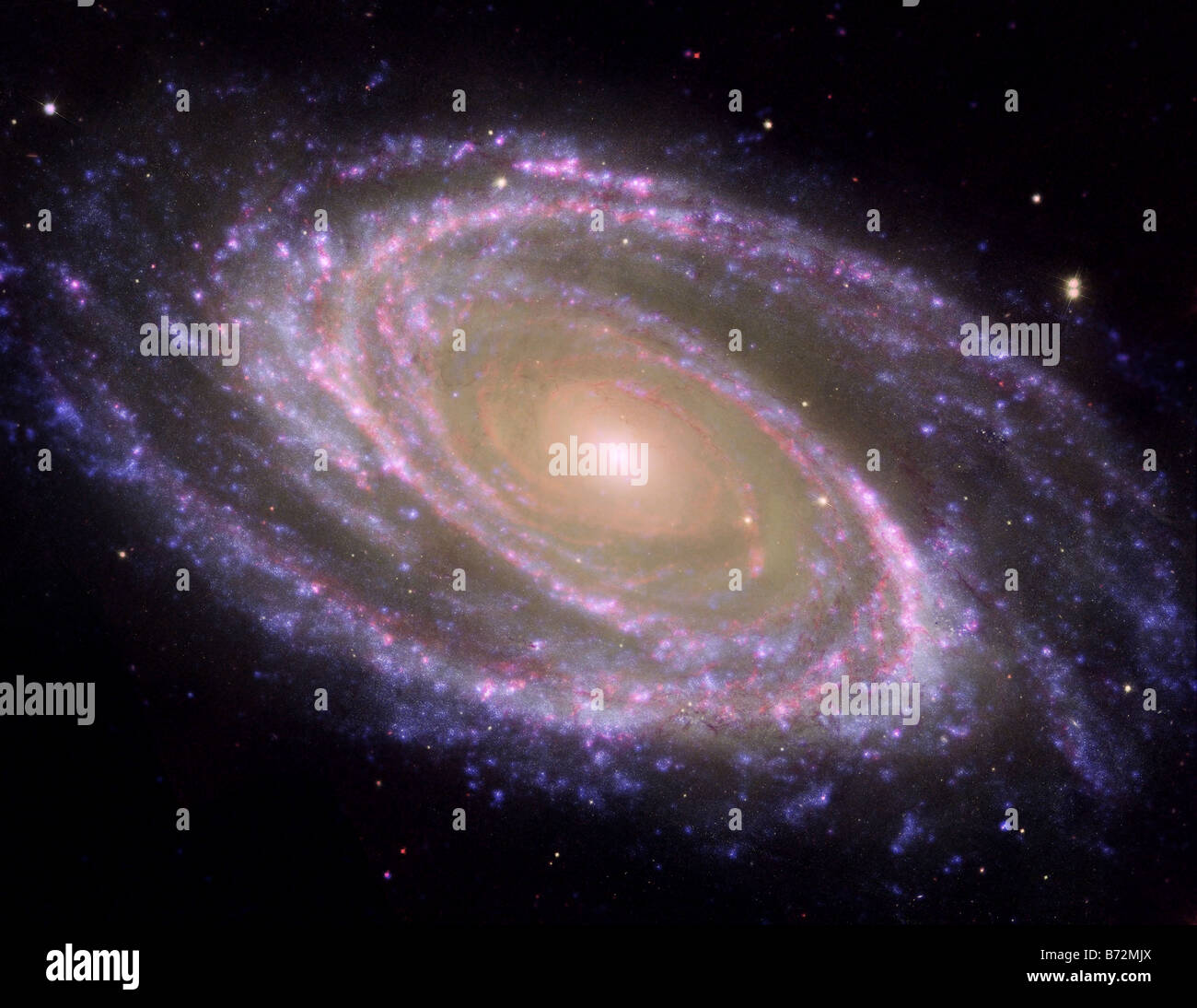 Bodes galaxy photo from Hubble Space Telescope, the Spitzer Space Telescope, and the Galaxy Evolution Explorer (GALEX) mission Stock Photo