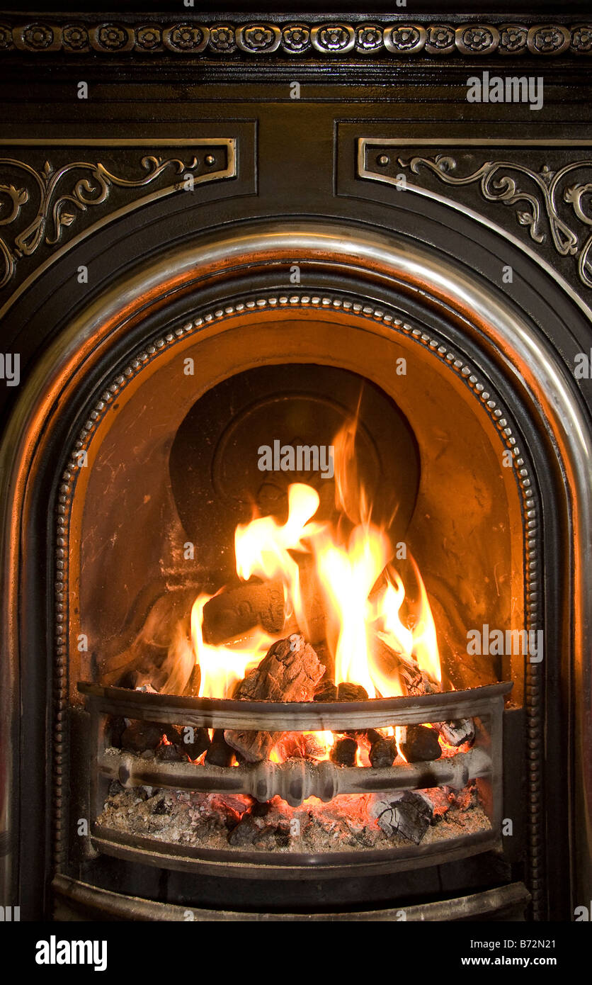 Wood And Coal Fire Burning In The Grate Of An Ornate Cast Iron