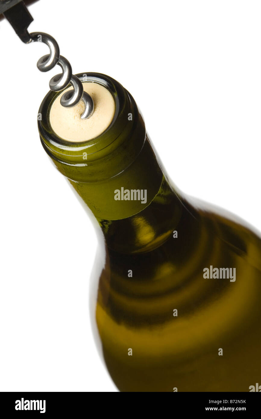 Wine bottle being opened with a corkscrew Stock Photo