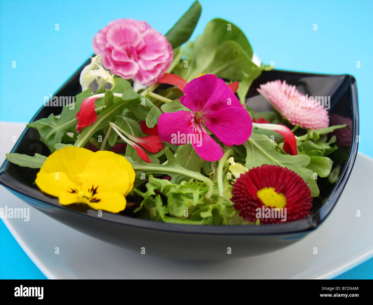 Salad with edible flowers Recipe available Stock Photo Alamy