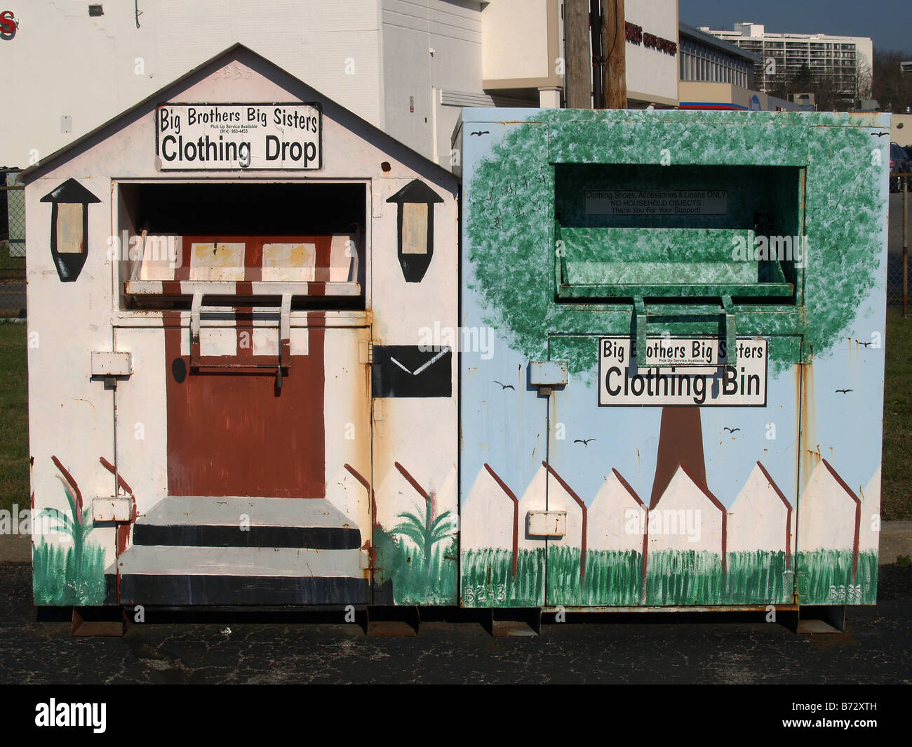 Charity clothing drop boxes placed in a strip mall parking lot in New York, USA Stock Photo Alamy