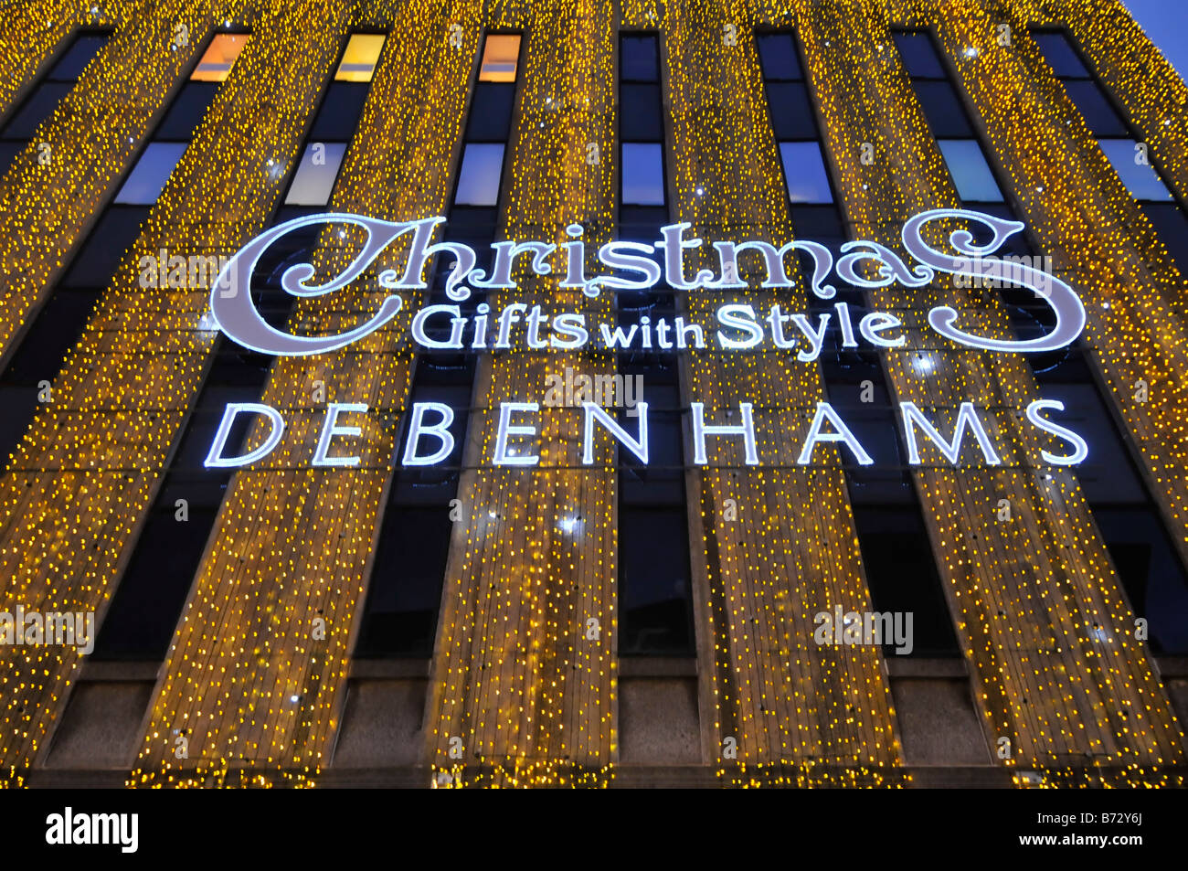 Debenhams department store Oxford street with Christmas lights in Londons West End Stock Photo
