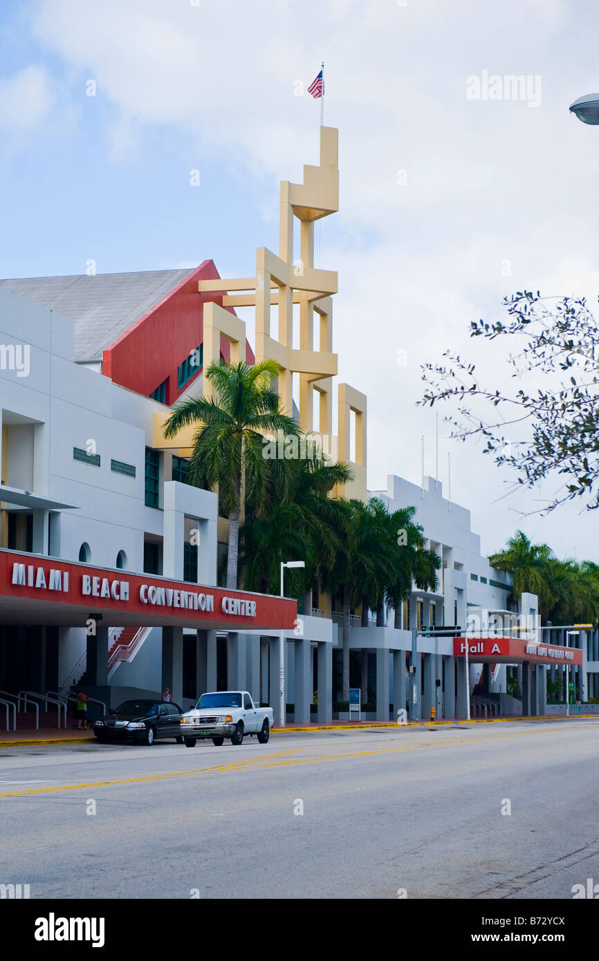 Florida Modern contemporary art deco structure of the Miami Beach Convention Center with Union flag flying Stock Photo