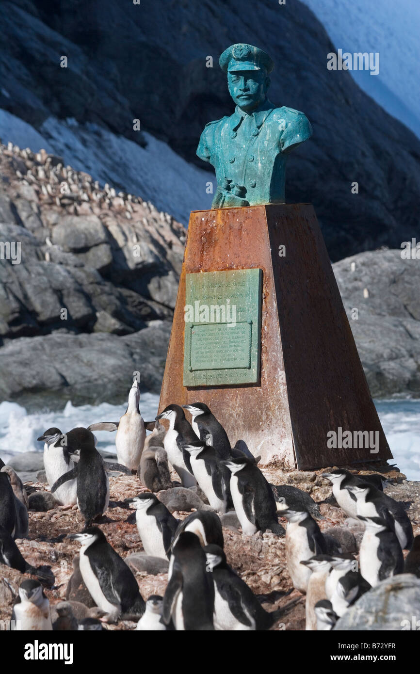 Statue of Shackleton with Chinstrap Penguins (Pygoscelis antarcticus