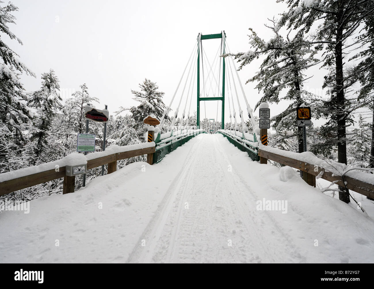 Snowmobile bridge over the French River, Ontario, Canada Stock Photo