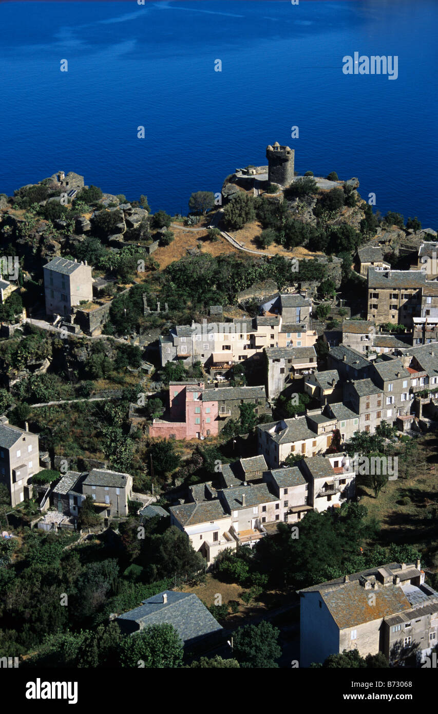 Aerial View over the Village of Nonza, Cap Corse, Corsica, France Stock Photo