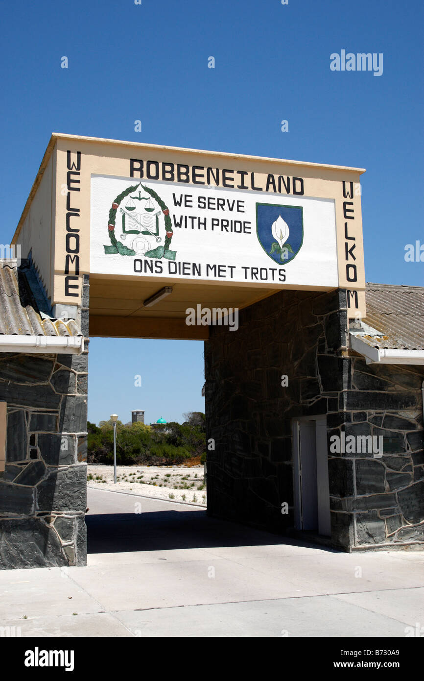gate to robben island prison with the prison officers motto we serve with pride cape town south africa Stock Photo