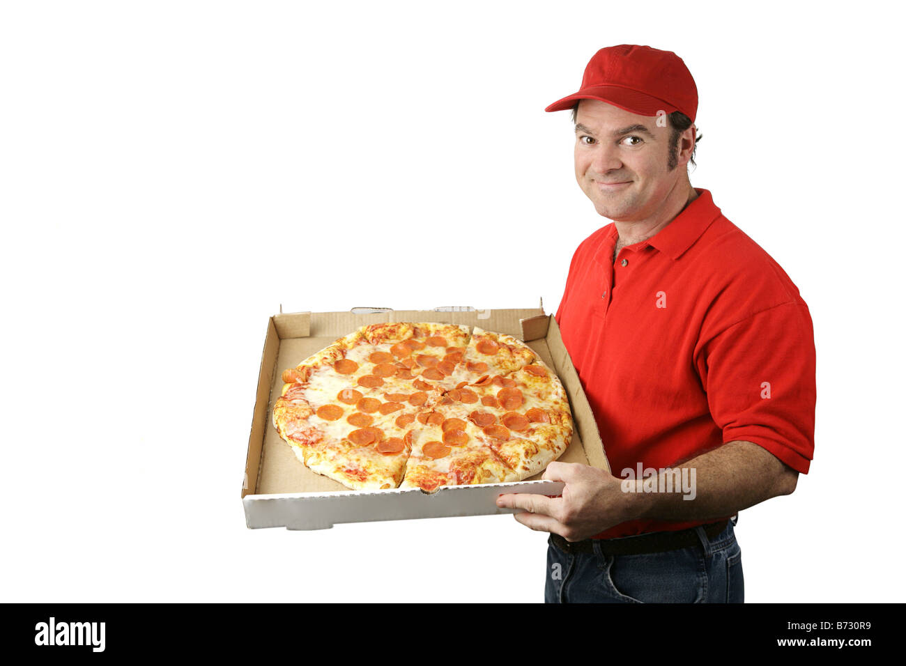 A pizza delivery man holding a hot fresh pepperoni pizza Isolated on white  Stock Photo - Alamy