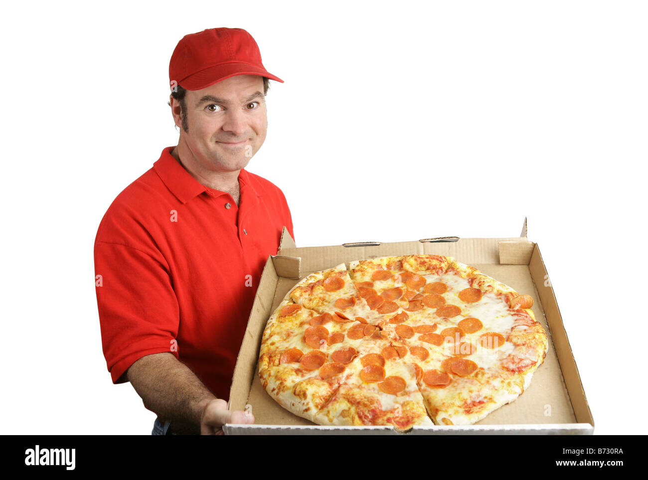 A pizza delivery man holding a hot fresh pepperoni pizza Isolated