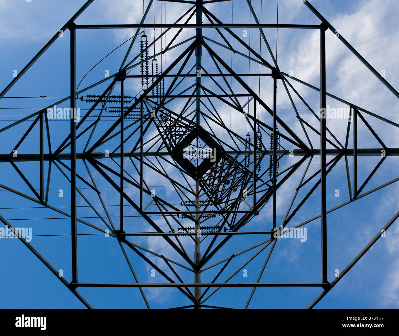 Power line tower as seen from below Stock Photo