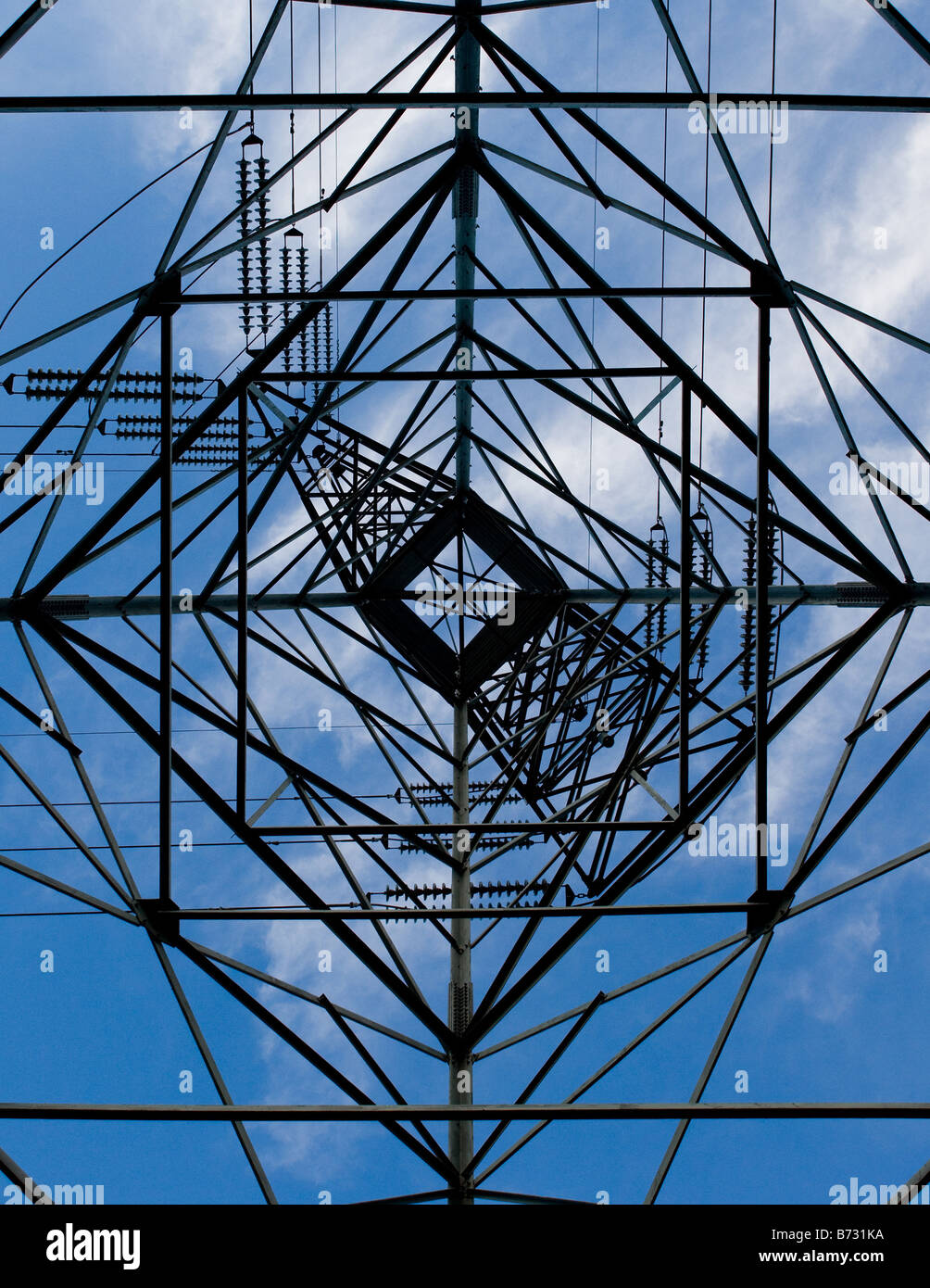 Power line tower as seen from below Stock Photo