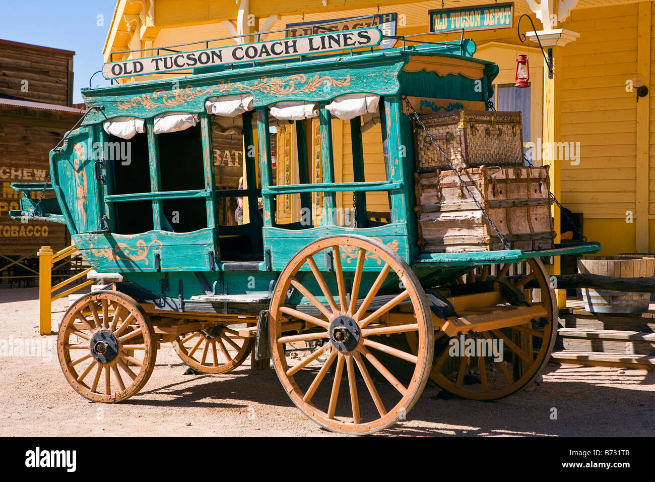 Image of one of the presereved horse drawn stage coaches that belonged to the Old Tucson Coach Lines and now are on display Stock Photo