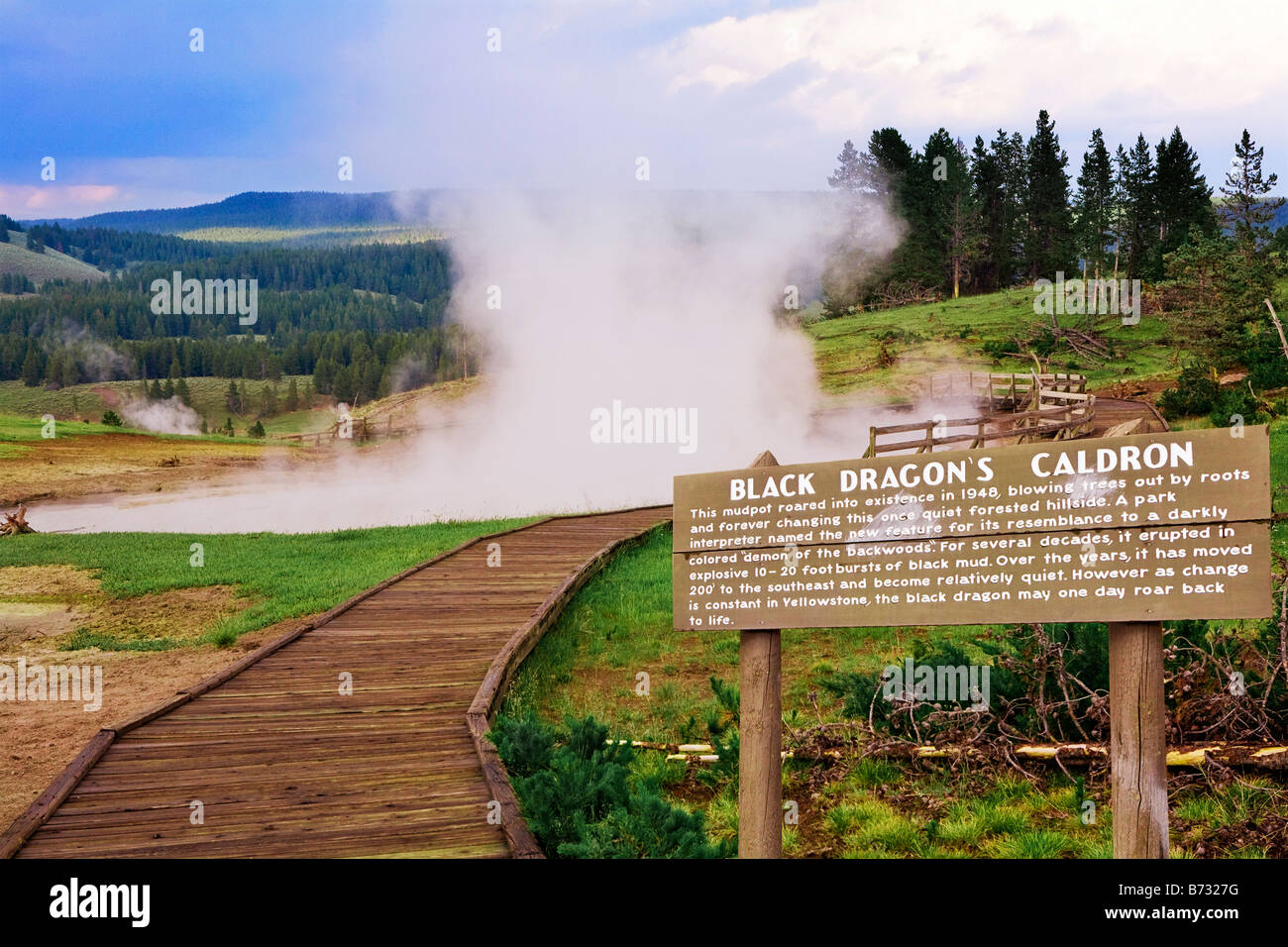 Image of Black Dragons Caldron and its informational sign in Yellowstone National Park Stock Photo