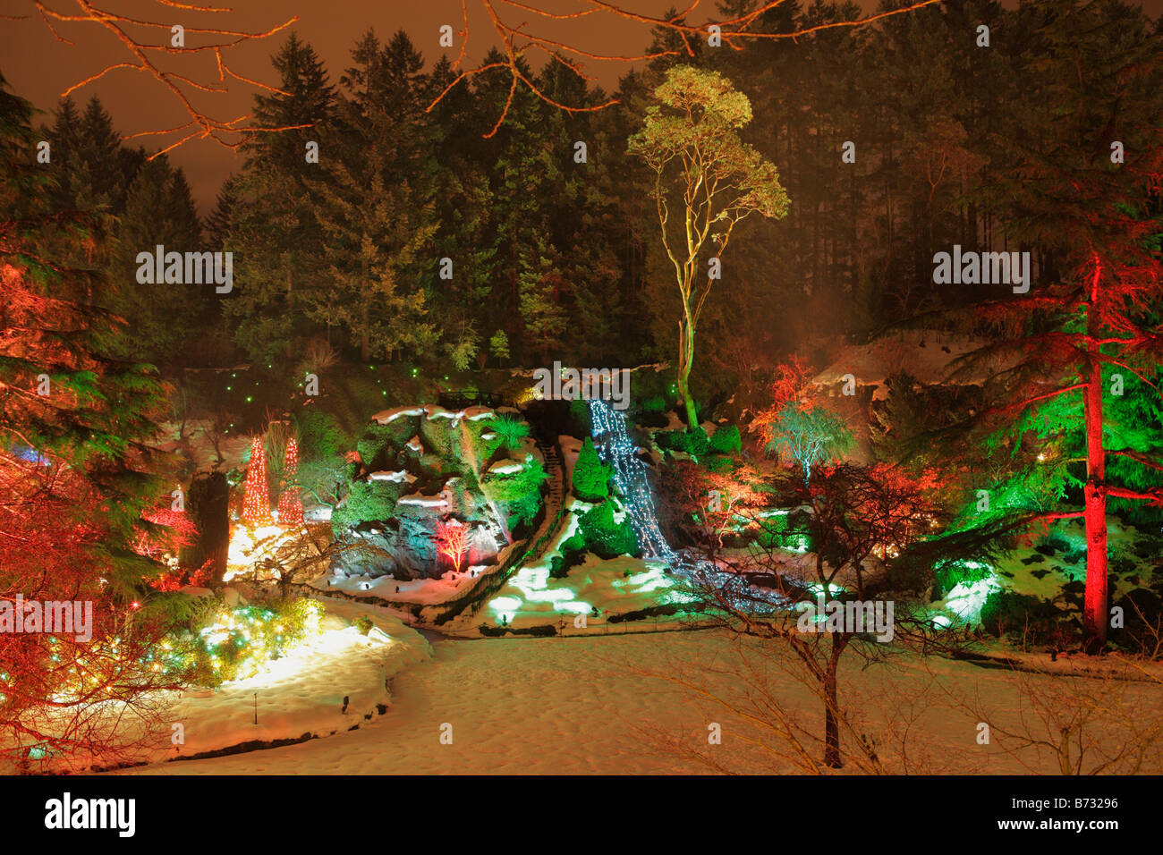 Sunken garden with Christmas lights at night Butchart Gardens Victoria