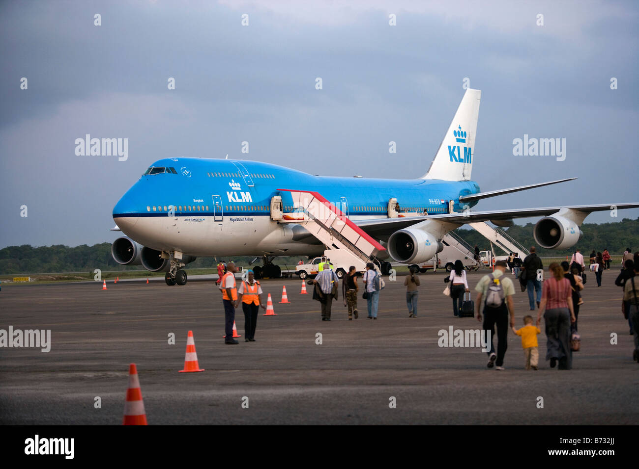 Suriname, Paramaribo, KLM Boeing 747 jumbo airplane at national airport Zanderij. Stock Photo