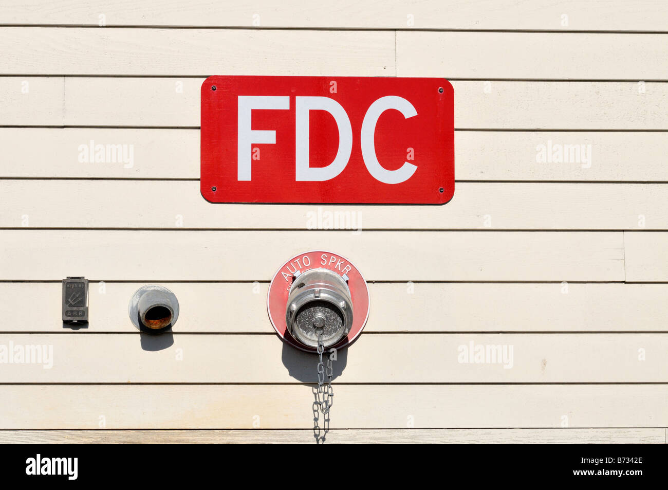 Fire Department Connection Sign FDC for water to sprinkler system for fires Stock Photo