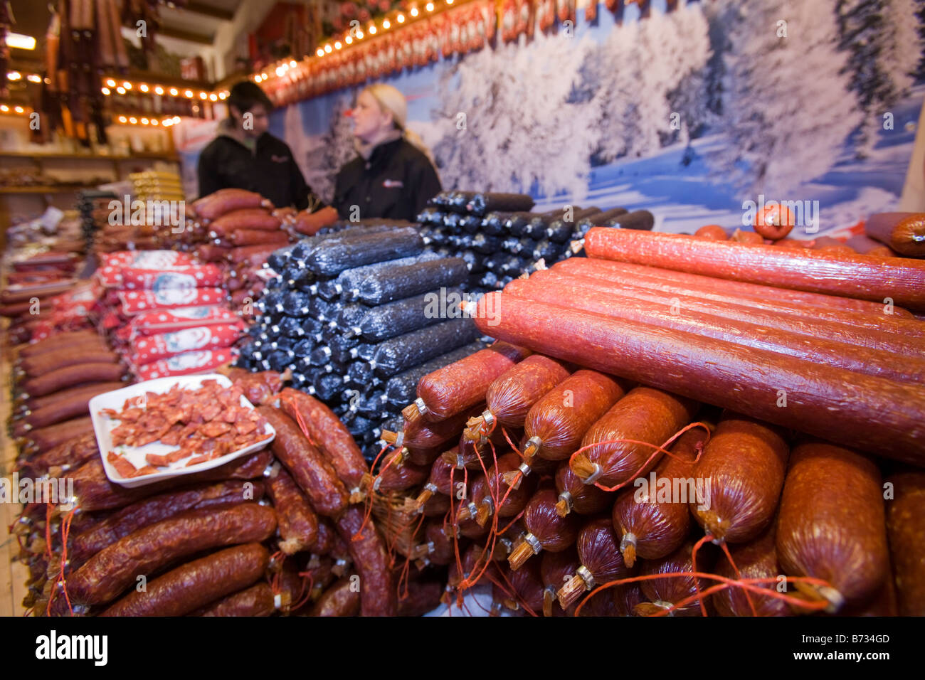 German sausages on a stall at the Christmas market outside Manchester Town Hall in Manchester UK