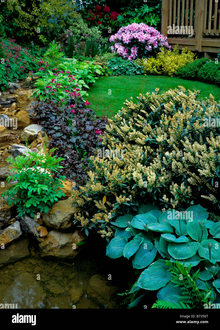 Rockery and Water Garden with mixed border and lawn Stock Photo - Alamy
