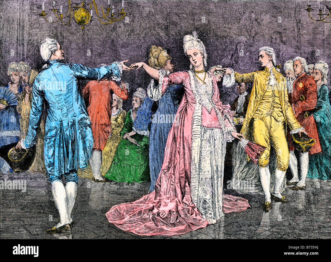 Couples dancing the minuet in an 18th century ballroom. Hand-colored woodcut Stock Photo