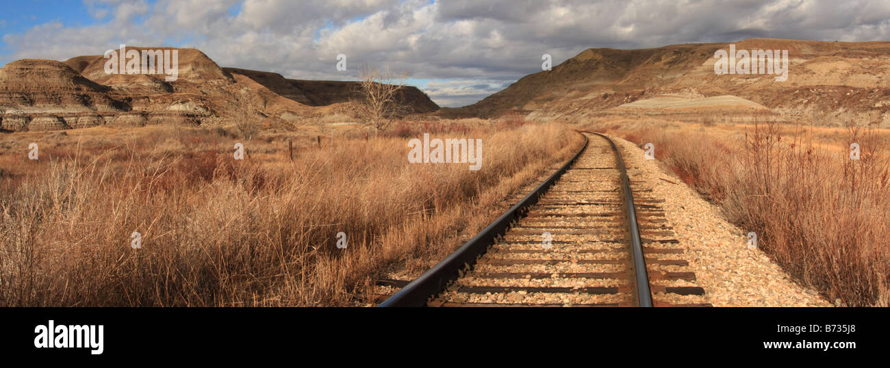 Railways in the Canadian badlands near Drumheller, Alberta Stock Photo