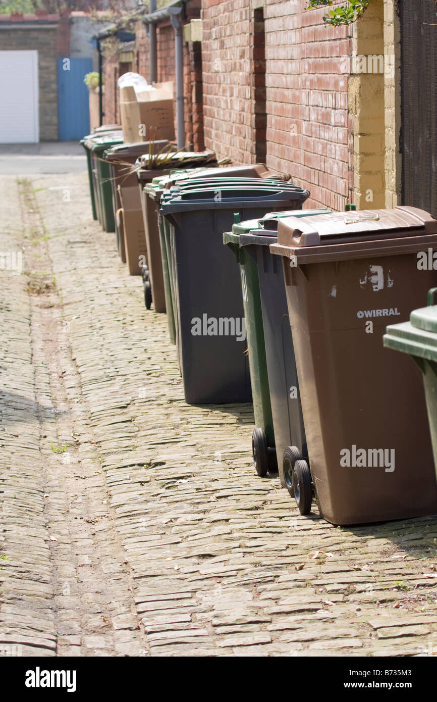 A row of wheelie bins dustbins ready for collection Stock Photo Alamy