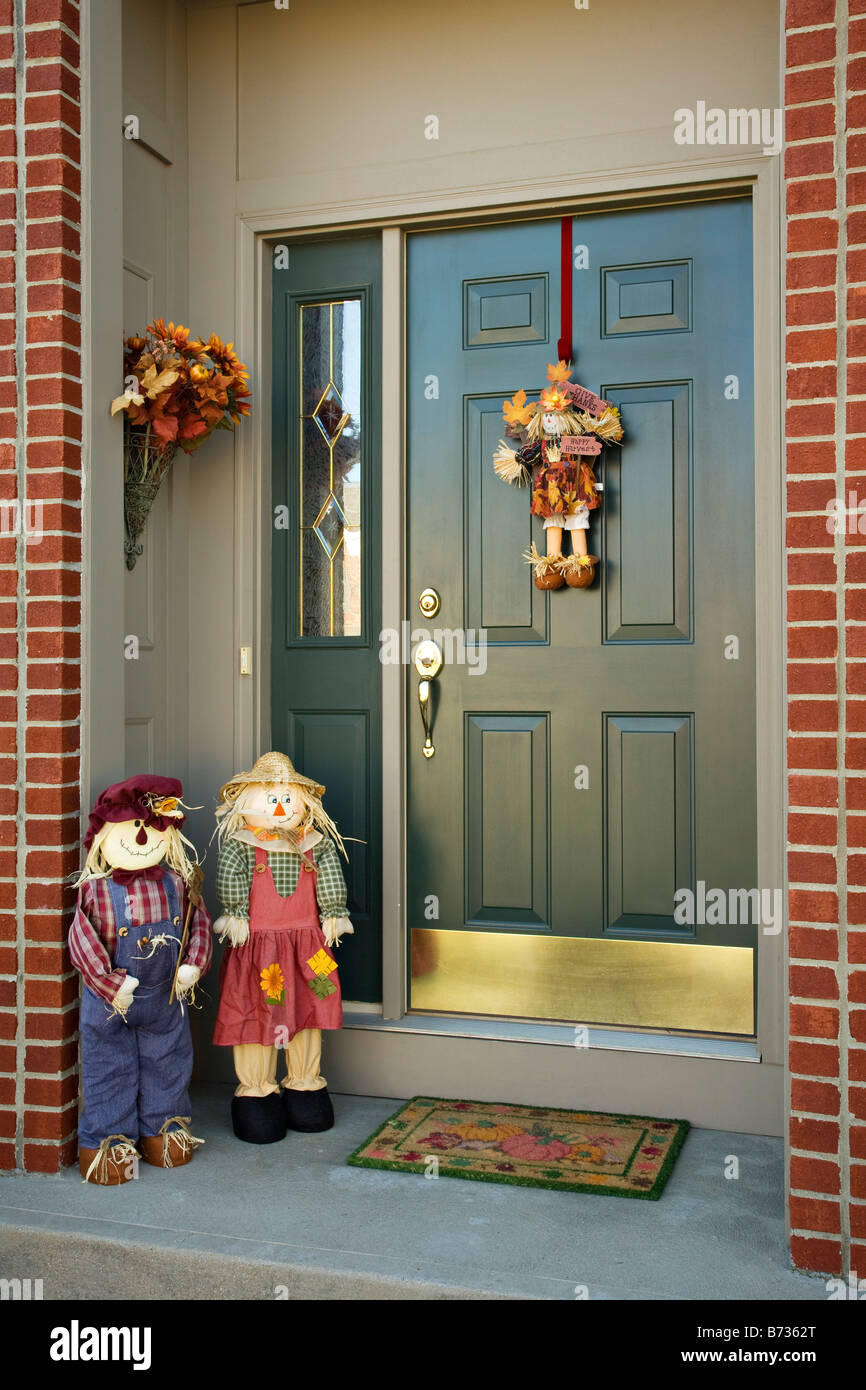Colorful front entryway decorated for the holidays Stock Photo
