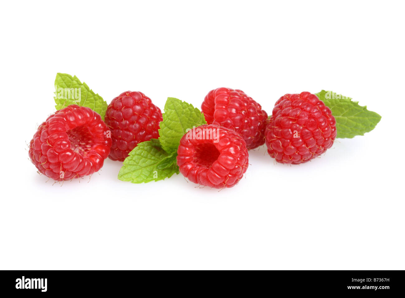 Red raspberries with leaves cut out on white background Stock Photo