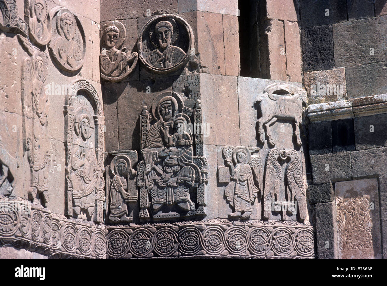 Frieze and bas reliefs on the Akhtamar Church on a small island in the middle of Lake Van in Eastern Turkey before restoration b Stock Photo