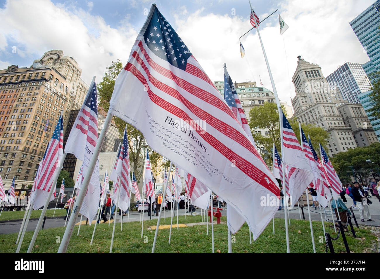 The Flag of Heroes fly in Lower Manhattan on the anniversary of the 9 11 Terror Attack on the Twin Towers. Stock Photo