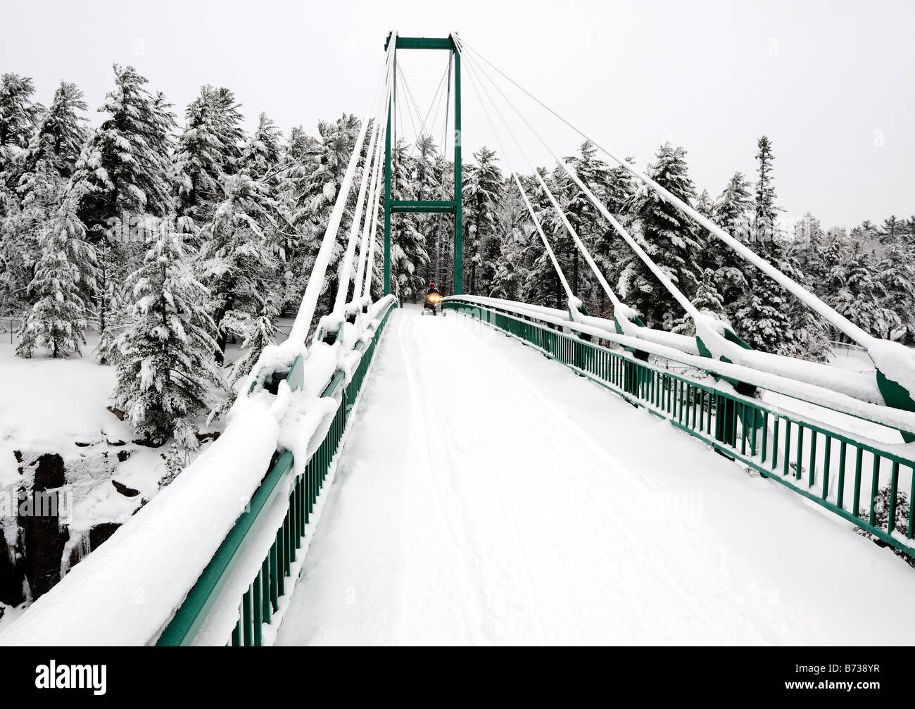 Snowmobile bridge over the French River, Ontario, Canada Stock Photo