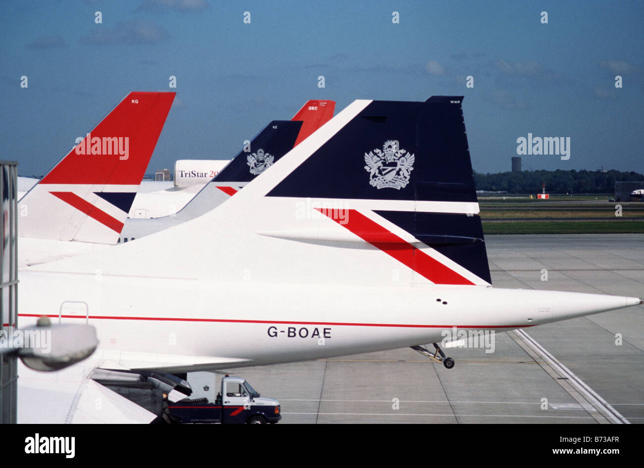 Concordes tail at Heathrow airport circa 1980 Stock Photo