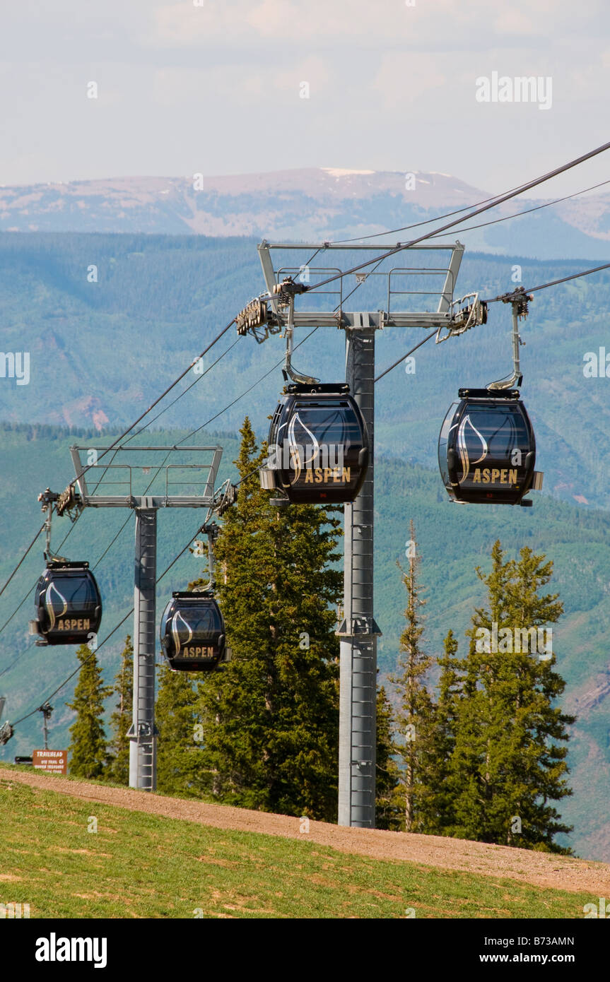 The Silver Queen Gondola takes you 2.5 miles from downtown Aspen to the 11,212 foot summit of Aspen Mountain. Stock Photo
