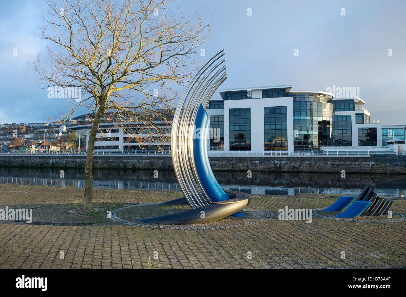 Metal sculpture Office Development SA1 district Swansea South Wales Stock Photo