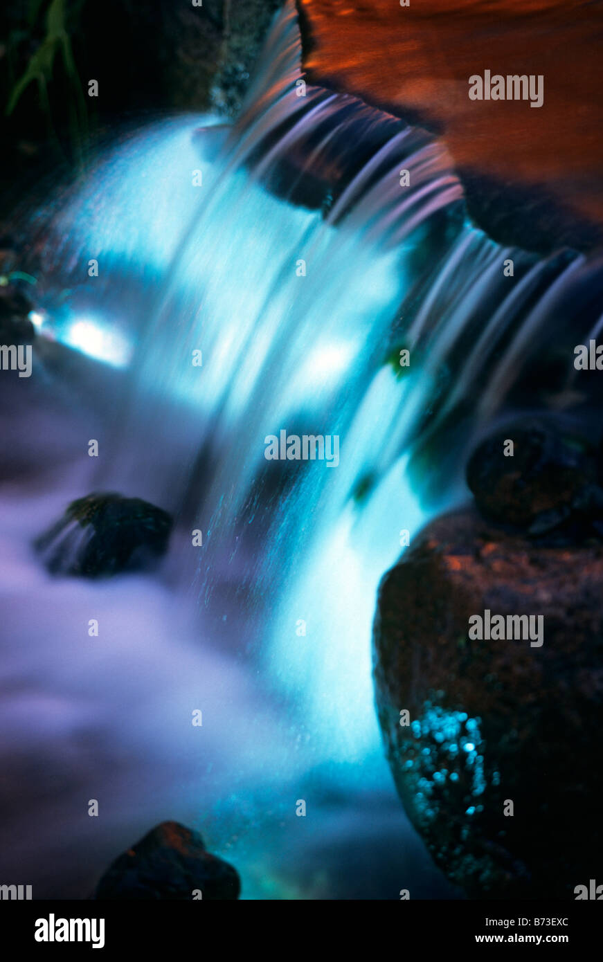 UNDERWATER FIBER OPTIC LIGHTING CREATES CHANGING COLORS BELOW GARDEN
